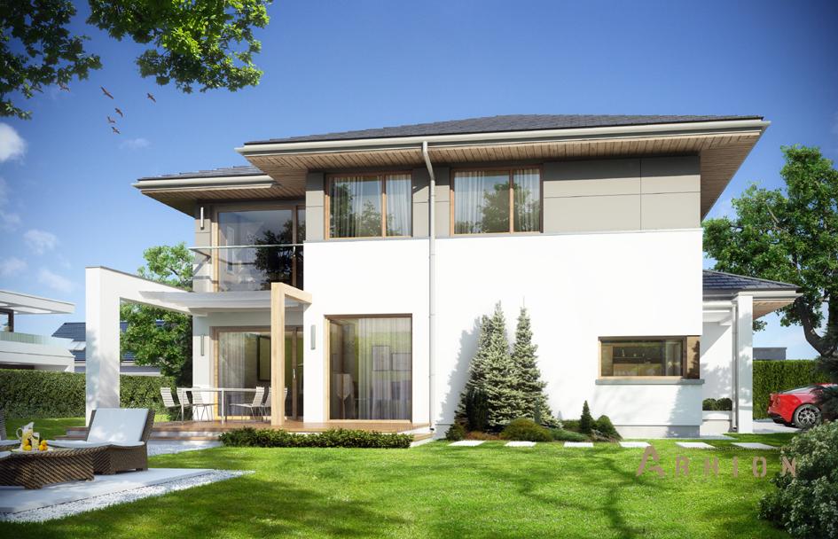 3. Проект двухэтажного дома в стиле Ллойда Райта (прерий) с четырехскатной, mp-235, площадью - 254 кв c терассой, балконом, гаражом