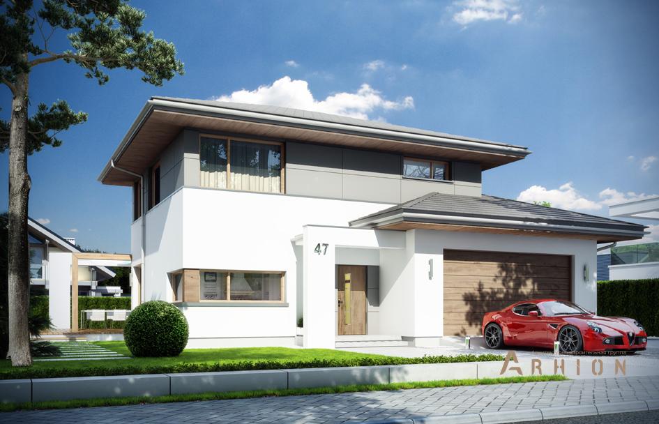 1. Проект двухэтажного дома в стиле Ллойда Райта (прерий) с четырехскатной, mp-235, площадью - 254 кв c терассой, балконом, гаражом