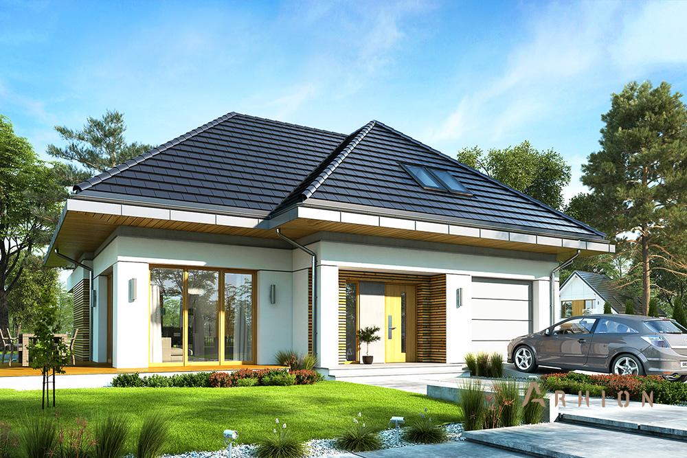 1. Проект одноэтажного дома в современном стиле с четырехскатной, mp-238, площадью - 190 кв c мансардой, терассой, гаражом