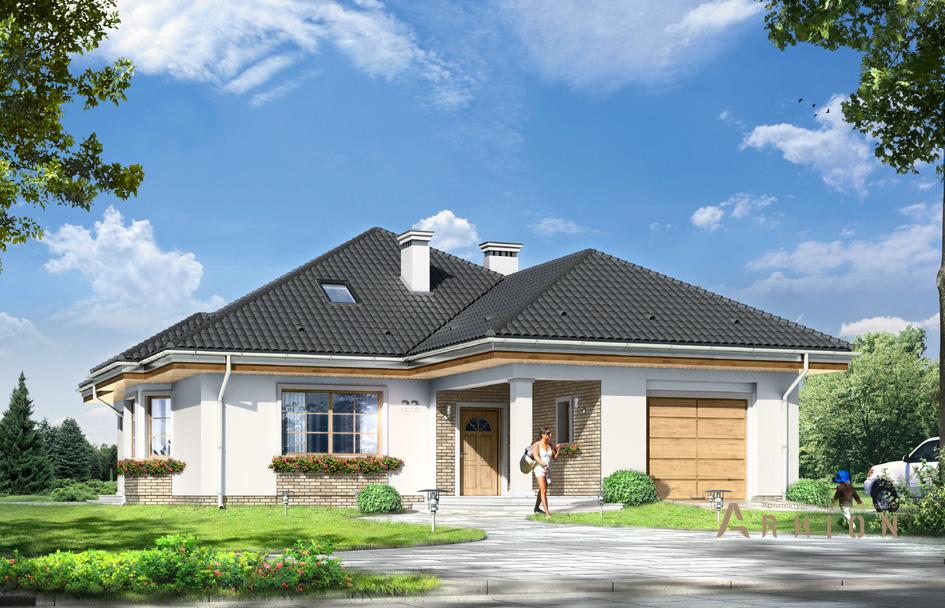 1. Проект одноэтажного дома в современном стиле с многоскатной кровлей, mp-242, площадью - 227 кв c мансардой, терассой, гаражом, эркером