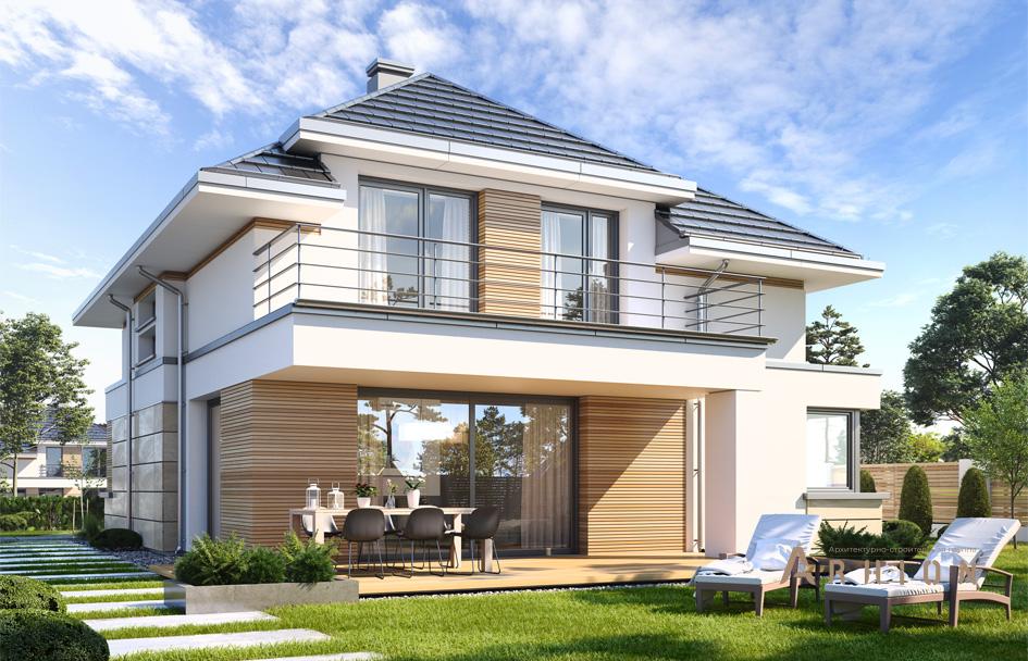 3. Проект двухэтажного дома в современном стиле с четырехскатной, mp-251, площадью - 232 кв c терассой, балконом, гаражом