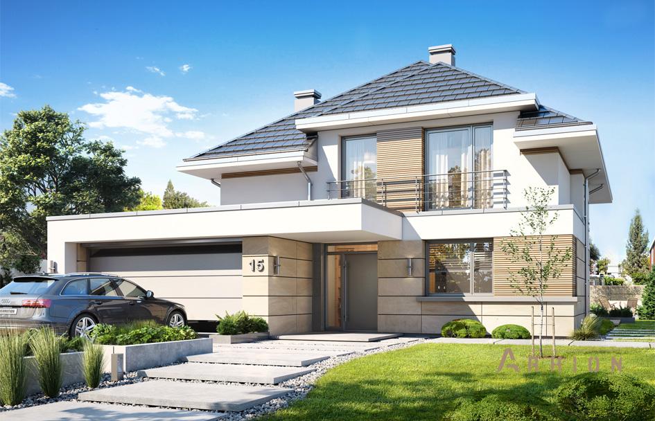 1. Проект двухэтажного дома в современном стиле с четырехскатной, mp-251, площадью - 232 кв c терассой, балконом, гаражом