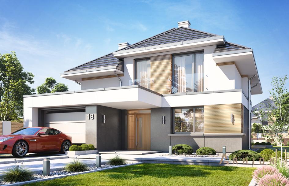 4. Проект двухэтажного дома в современном стиле с четырехскатной, mp-252, площадью - 162 кв c терассой, балконом, гаражом