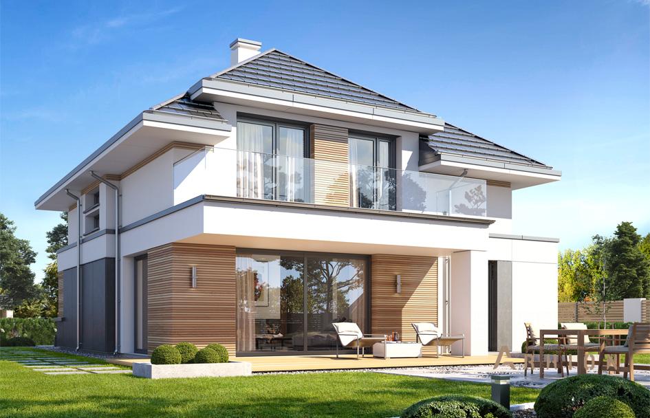 3. Проект двухэтажного дома в современном стиле с четырехскатной, mp-252, площадью - 162 кв c терассой, балконом, гаражом