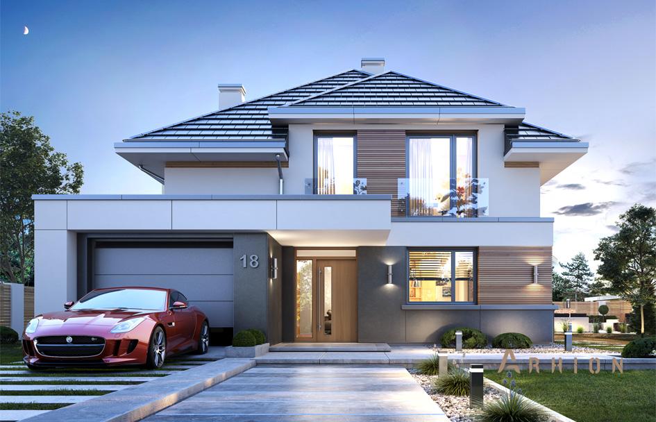 1. Проект двухэтажного дома в современном стиле с четырехскатной, mp-252, площадью - 162 кв c терассой, балконом, гаражом