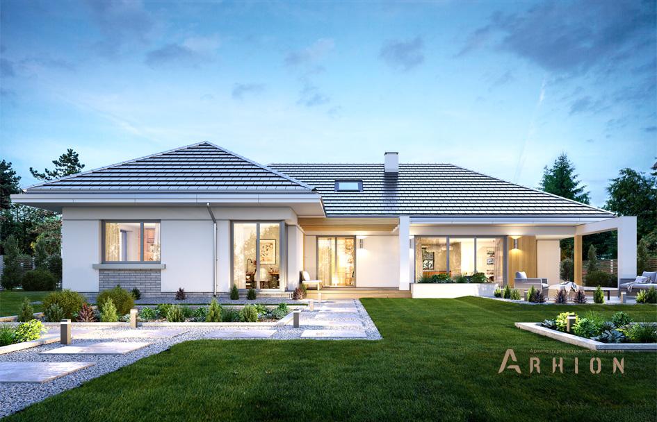 4. Проект одноэтажного дома в современном стиле с четырехскатной, mp-253, площадью - 268 кв c терассой, гаражом