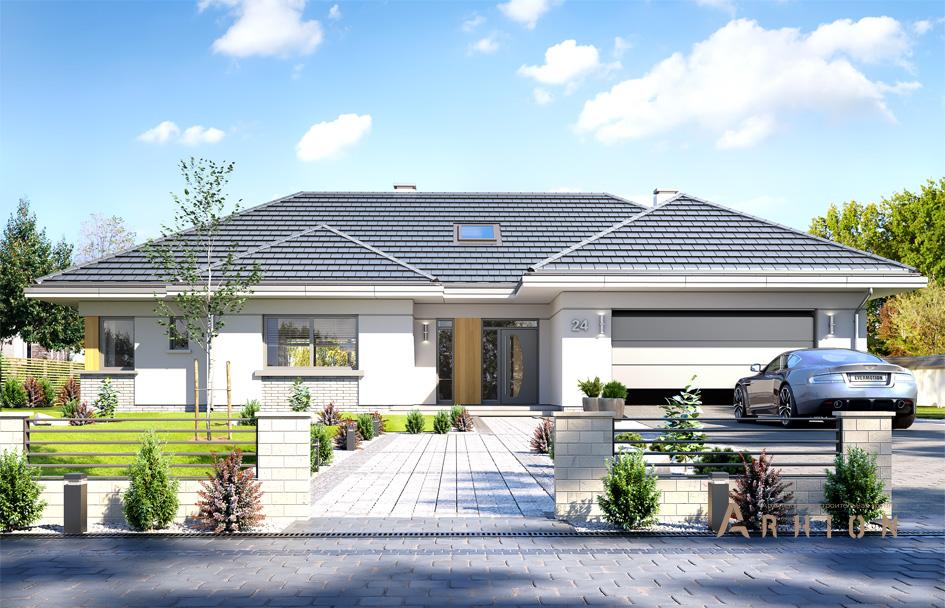 1. Проект одноэтажного дома в современном стиле с четырехскатной, mp-253, площадью - 268 кв c терассой, гаражом