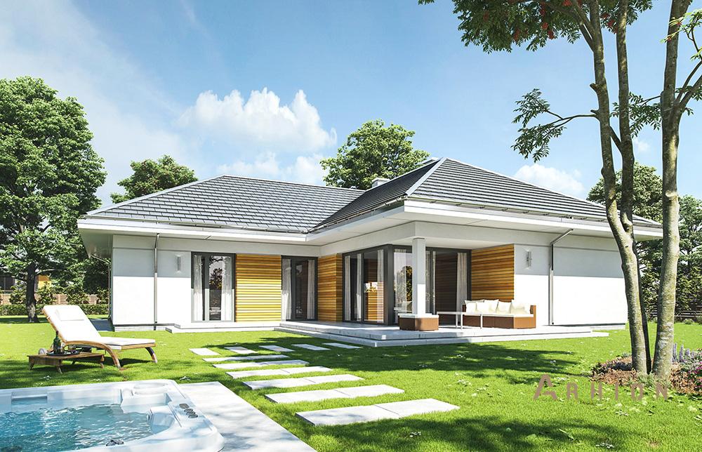 6. Проект одноэтажного дома в стиле Ллойда Райта (прерий) с четырехскатной, mp-254, площадью - 149 кв c терассой, гаражом