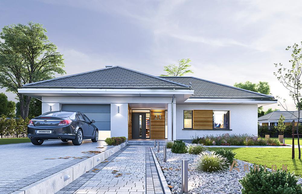 1. Проект одноэтажного дома в стиле Ллойда Райта (прерий) с четырехскатной, mp-254, площадью - 149 кв c терассой, гаражом