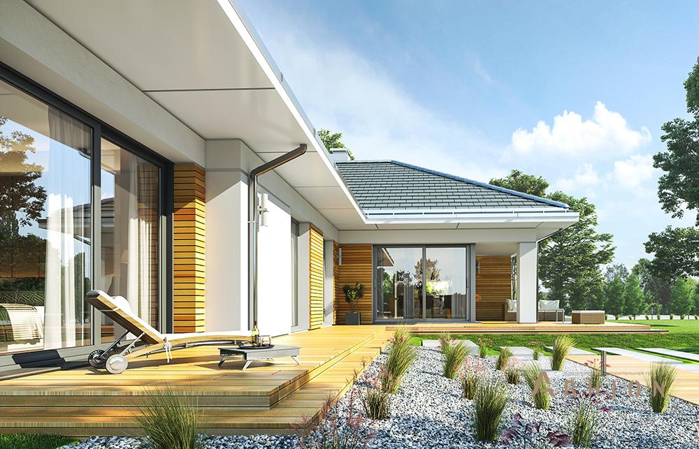 9. Проект одноэтажного дома в современном стиле с четырехскатной, mp-255, площадью - 255 кв c терассой, гаражом