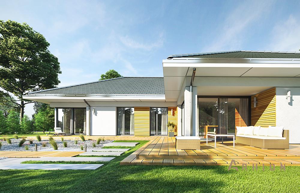 2. Проект одноэтажного дома в современном стиле с четырехскатной, mp-255, площадью - 255 кв c терассой, гаражом