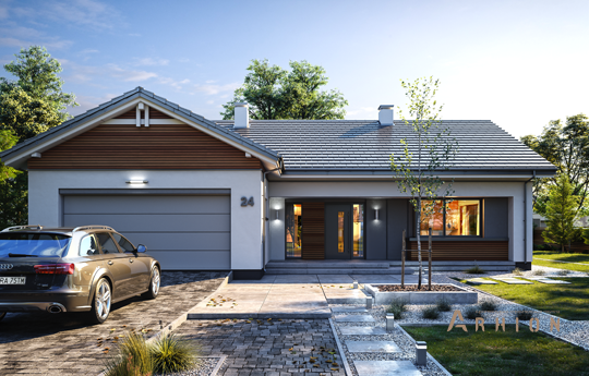 20. Проект одноэтажного дома в стиле хай-тек с плоской кровлей , mp-257, площадью - 247 кв c мансардой, терассой, гаражом