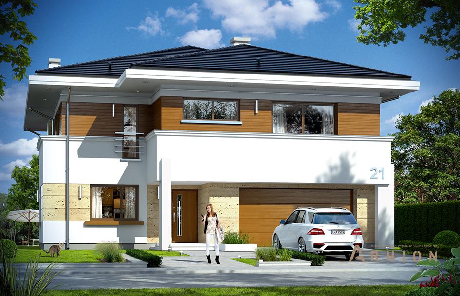 2. Проект двухэтажного дома в стиле Ллойда Райта (прерий) с четырехскатной, mp-259, площадью - 372 кв c терассой, балконом, гаражом