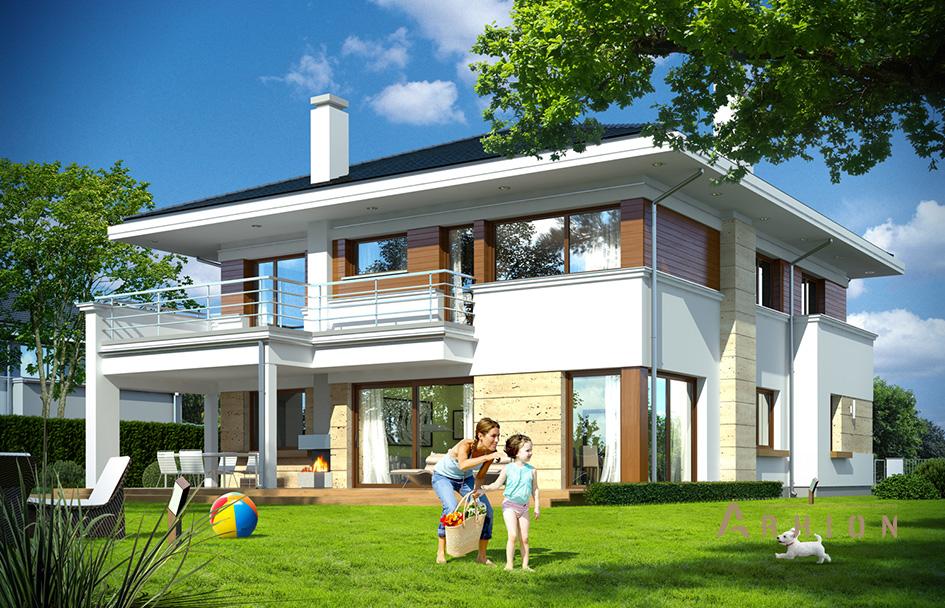 1. Проект двухэтажного дома в стиле Ллойда Райта (прерий) с четырехскатной, mp-259, площадью - 372 кв c терассой, балконом, гаражом