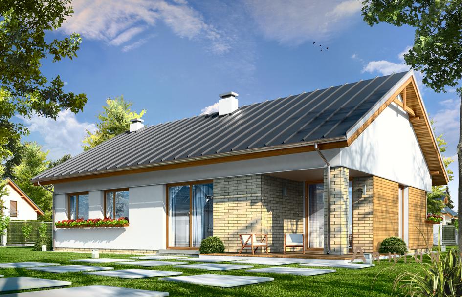 2. Проект одноэтажного дома в канадском стиле с двускатной кровлей, mp-262, площадью - 128 кв c терассой