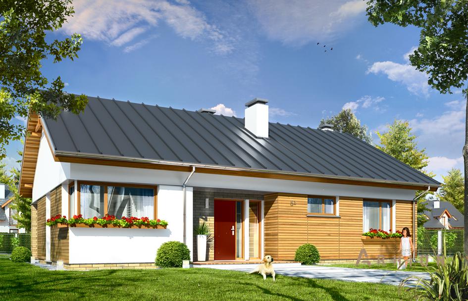 1. Проект одноэтажного дома в канадском стиле с двускатной кровлей, mp-262, площадью - 128 кв c терассой