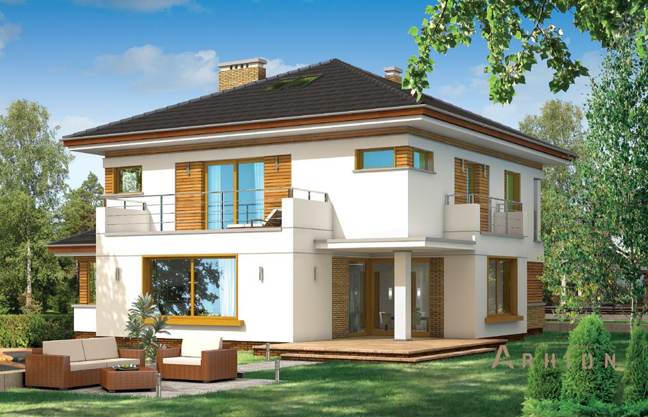 4. Проект двухэтажного дома в современном стиле с четырехскатной, mp-264, площадью - 294 кв c терассой, балконом, гаражом, эркером