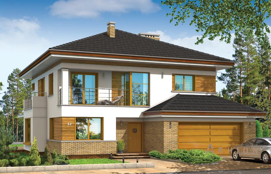 1. Проект двухэтажного дома в современном стиле с четырехскатной, mp-264, площадью - 294 кв c терассой, балконом, гаражом, эркером