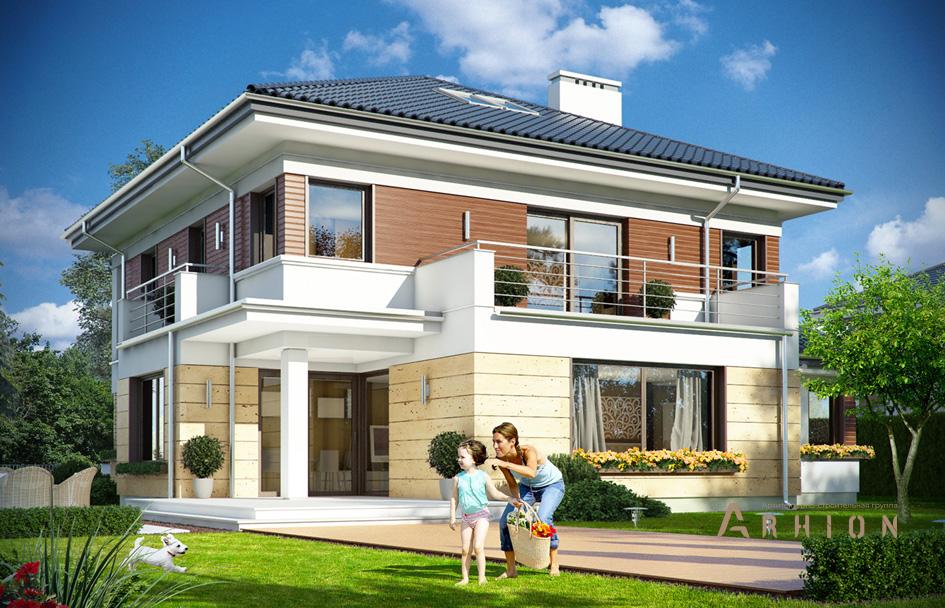 2. Проект двухэтажного дома в современном стиле с четырехскатной, mp-265, площадью - 240 кв c терассой, балконом, гаражом, эркером