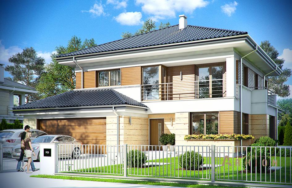 7. Проект двухэтажного дома в современном стиле с четырехскатной, mp-265, площадью - 240 кв c терассой, балконом, гаражом, эркером