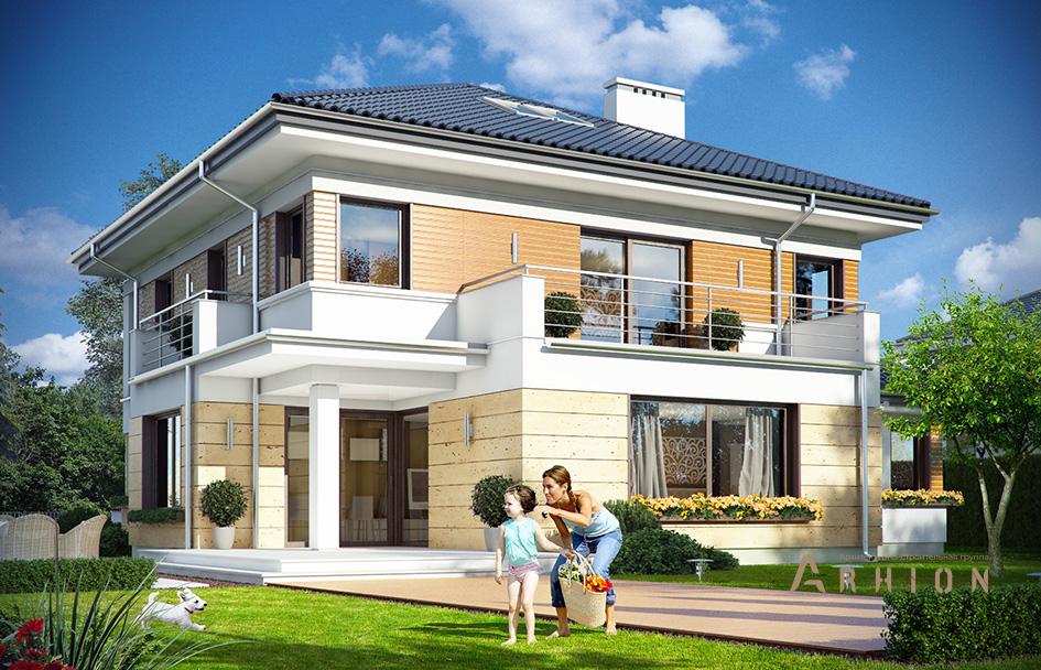 6. Проект двухэтажного дома в современном стиле с четырехскатной, mp-265, площадью - 240 кв c терассой, балконом, гаражом, эркером