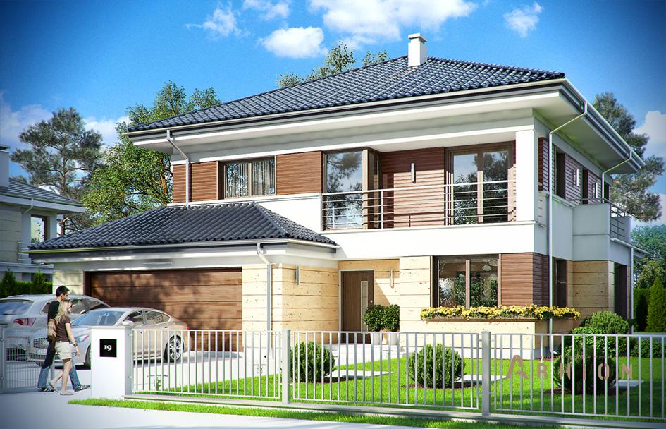 1. Проект двухэтажного дома в современном стиле с четырехскатной, mp-265, площадью - 240 кв c терассой, балконом, гаражом, эркером