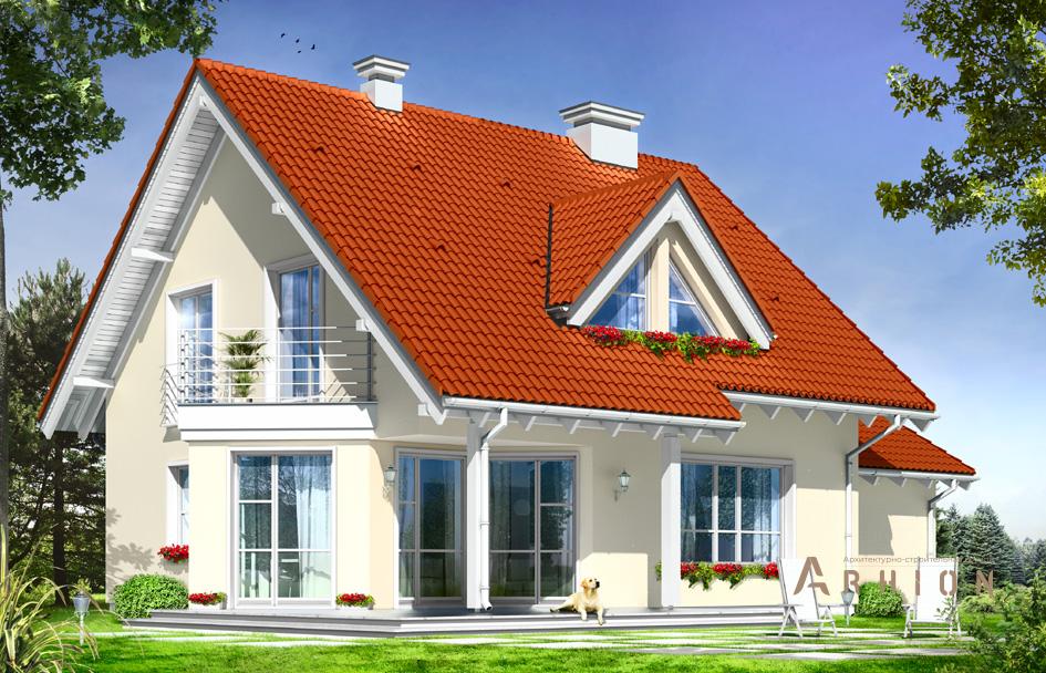 6. Проект одноэтажного дома в европейском стиле с двускатной кровлей, mp-268, площадью - 199 кв c мансардой, терассой, балконом, гаражом, эркером