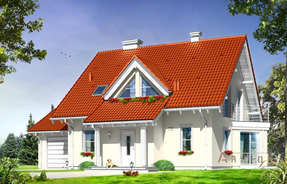 1. Проект одноэтажного дома в европейском стиле с двускатной кровлей, mp-268, площадью - 199 кв c мансардой, терассой, балконом, гаражом, эркером