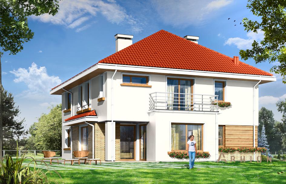 2. Проект двухэтажного дома в прованском стиле с четырехскатной, mp-269, площадью - 286 кв c терассой, балконом, гаражом, эркером