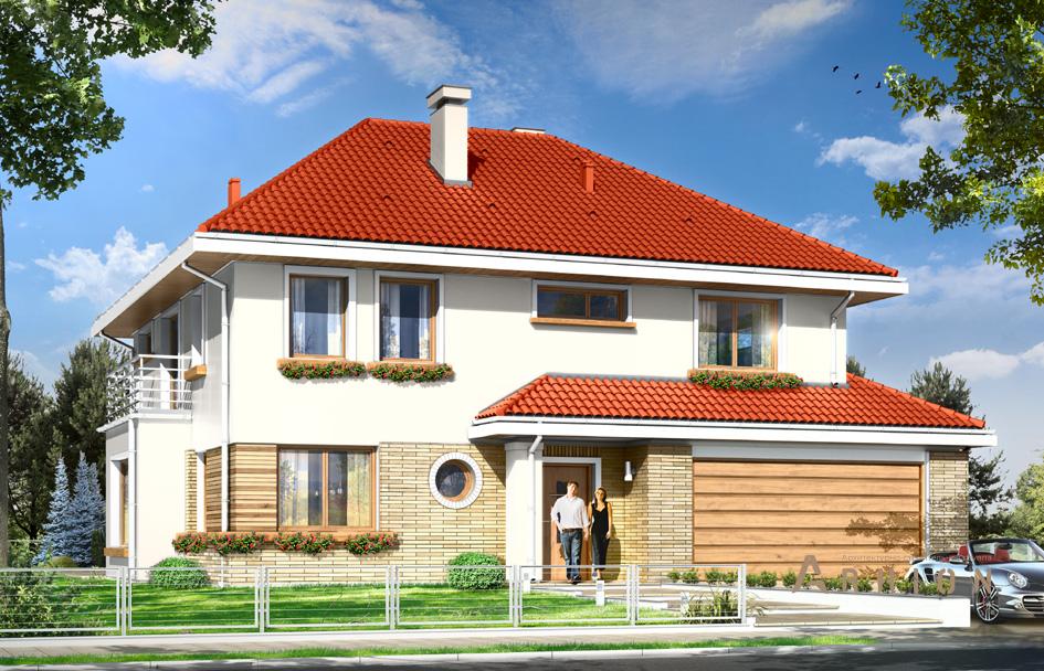 1. Проект двухэтажного дома в прованском стиле с четырехскатной, mp-269, площадью - 286 кв c терассой, балконом, гаражом, эркером