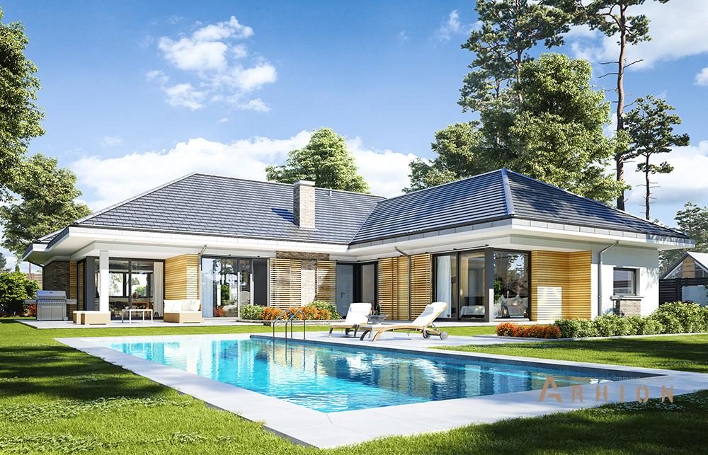 3. Проект одноэтажного дома в европейском стиле с многоскатной кровлей, mp-271, площадью - 314 кв c мансардой, терассой, гаражом, вторым светом