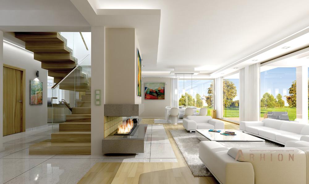 5. Проект одноэтажного дома в немецком стиле с двускатной кровлей, mp-272, площадью - 311 кв c цокольным этажом, мансардой, терассой, балконом, гаражом