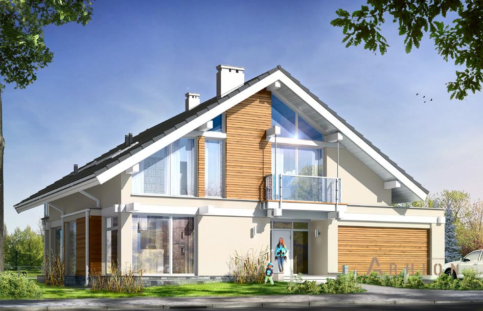 1. Проект одноэтажного дома в немецком стиле с двускатной кровлей, mp-272, площадью - 311 кв c цокольным этажом, мансардой, терассой, балконом, гаражом