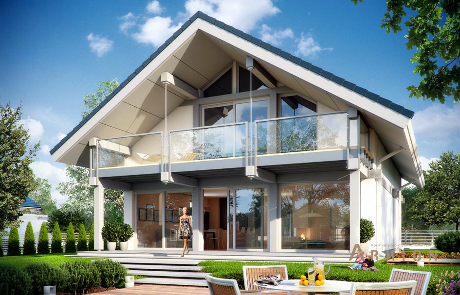 2. Проект одноэтажного дома в европейском стиле с двускатной кровлей, mp-273, площадью - 246 кв c мансардой, терассой, балконом, гаражом