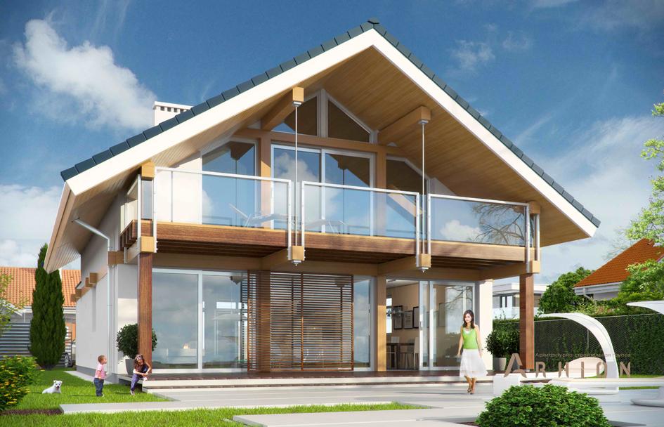 2. Проект одноэтажного дома в канадском стиле с двускатной кровлей, mp-274, площадью - 202 кв c мансардой, терассой, балконом, гаражом