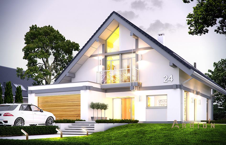 1. Проект одноэтажного дома в европейском стиле с двускатной кровлей, mp-275, площадью - 260 кв c мансардой, терассой, балконом, гаражом