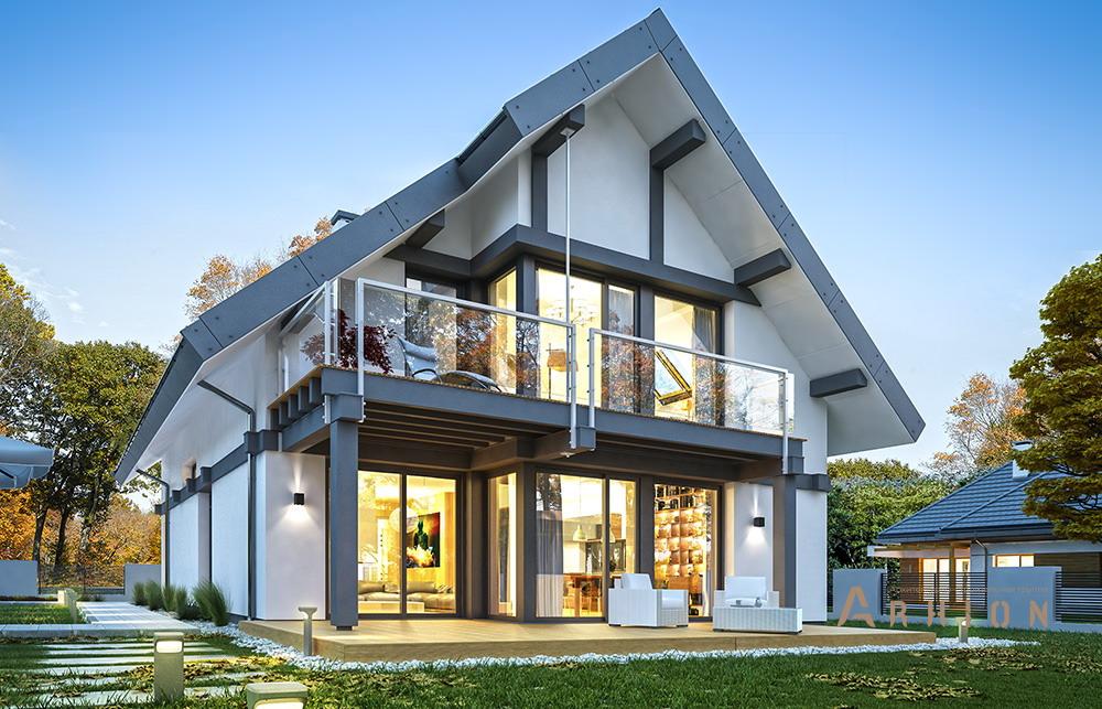 4. Проект одноэтажного дома в стиле фахверк с плоской кровлей , mp-276, площадью - 262 кв c мансардой, терассой, гаражом