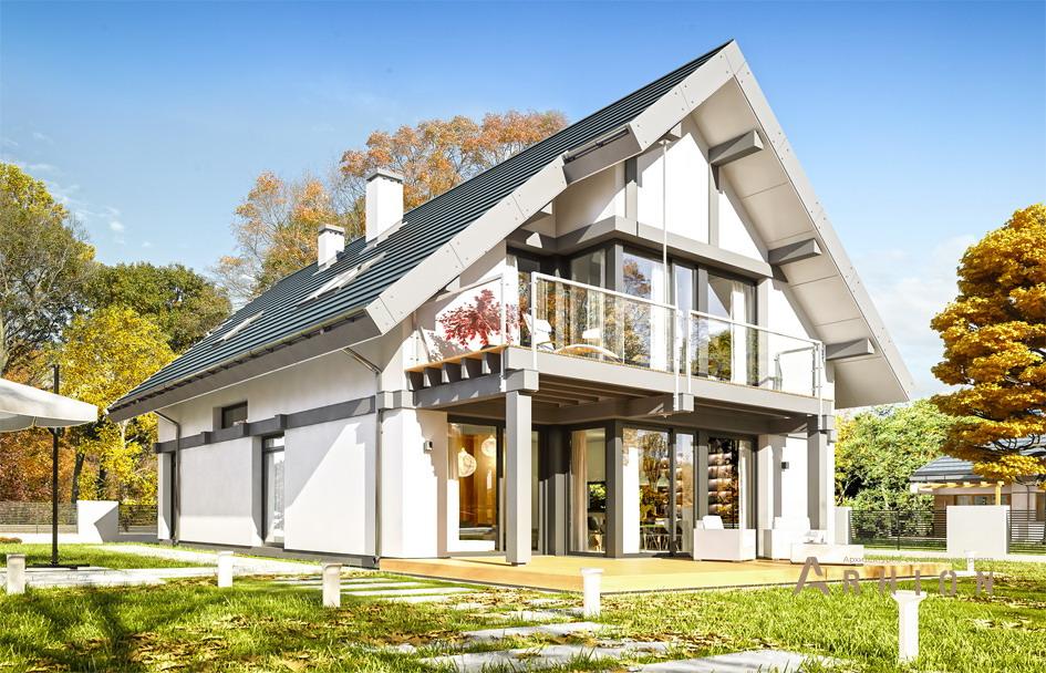 9. Проект одноэтажного дома в стиле фахверк с плоской кровлей , mp-276, площадью - 262 кв c мансардой, терассой, гаражом