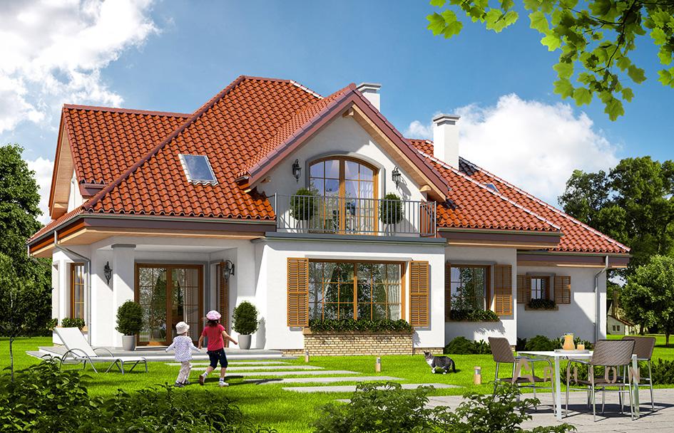 2. Проект одноэтажного дома в прованском стиле с четырехскатной, mp-278, площадью - 256 кв c мансардой, терассой, балконом, гаражом