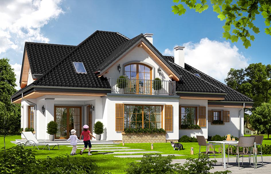 3. Проект одноэтажного дома в прованском стиле с четырехскатной, mp-279, площадью - 256 кв c мансардой, терассой, балконом, гаражом, эркером