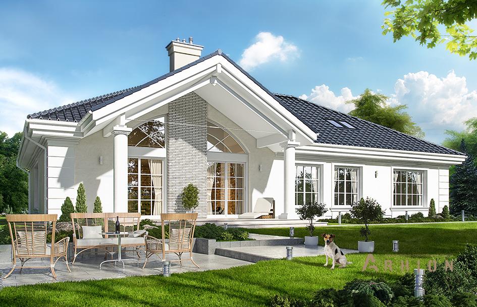 2. Проект одноэтажного дома в американском стиле с четырехскатной, mp-281, площадью - 315 кв c мансардой, терассой, гаражом, вторым светом