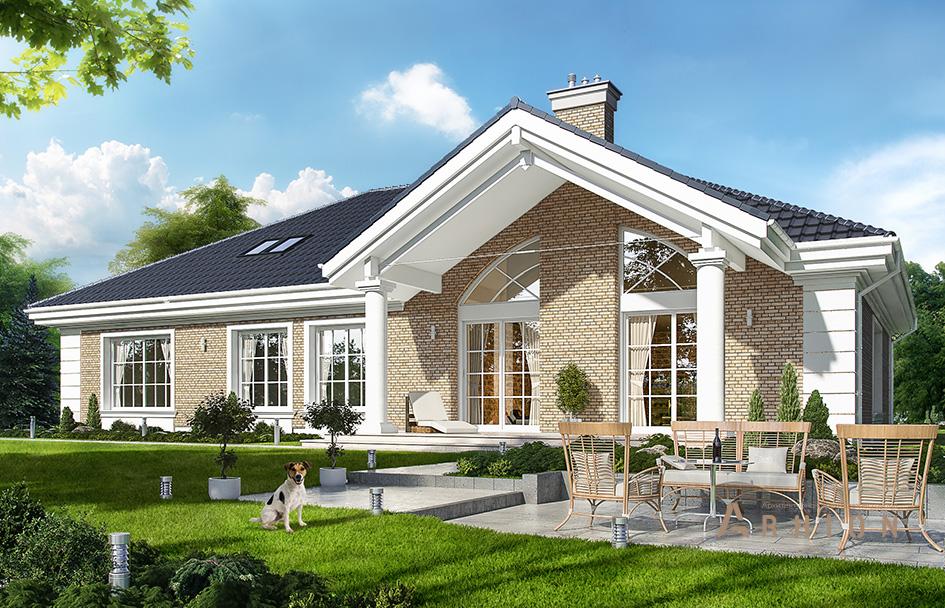 2. Проект одноэтажного дома в американском стиле с четырехскатной, mp-282, площадью - 309 кв c мансардой, терассой, гаражом, вторым светом