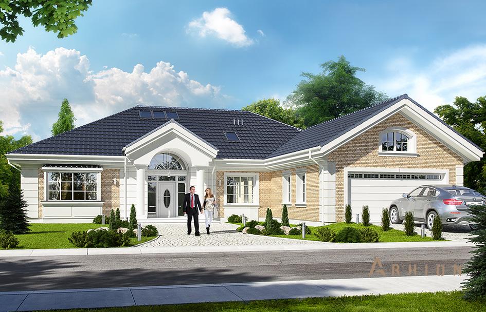 1. Проект одноэтажного дома в американском стиле с четырехскатной, mp-282, площадью - 309 кв c мансардой, терассой, гаражом, вторым светом