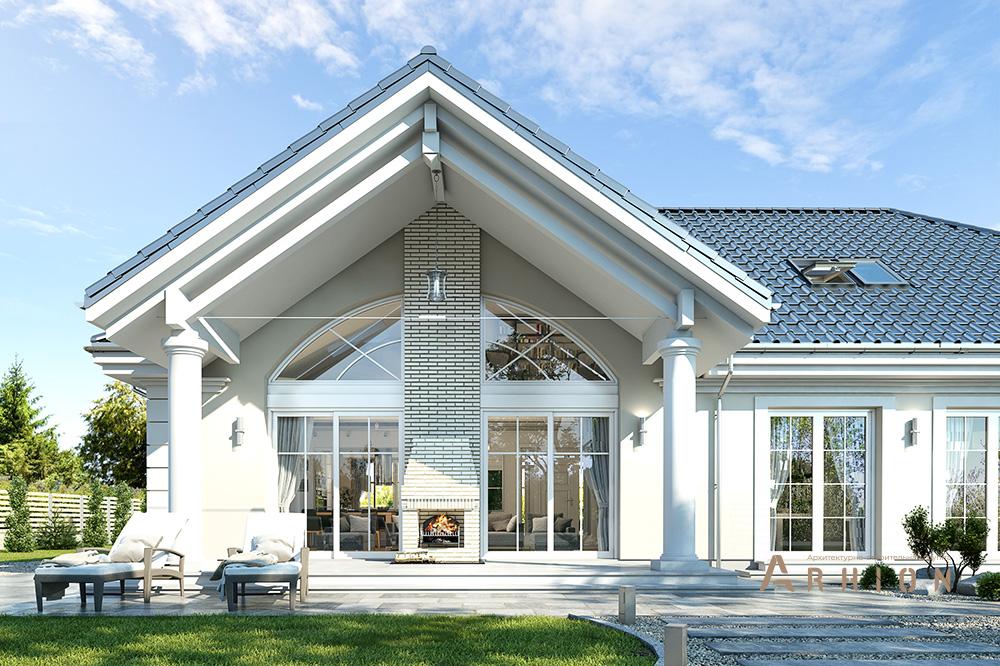 2. Проект одноэтажного дома в современном классическом стиле с четырехскатной, mp-283, площадью - 335 кв c мансардой, терассой, гаражом, вторым светом