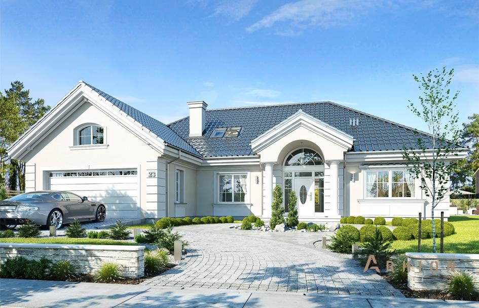 1. Проект одноэтажного дома в современном классическом стиле с четырехскатной, mp-283, площадью - 335 кв c мансардой, терассой, гаражом, вторым светом