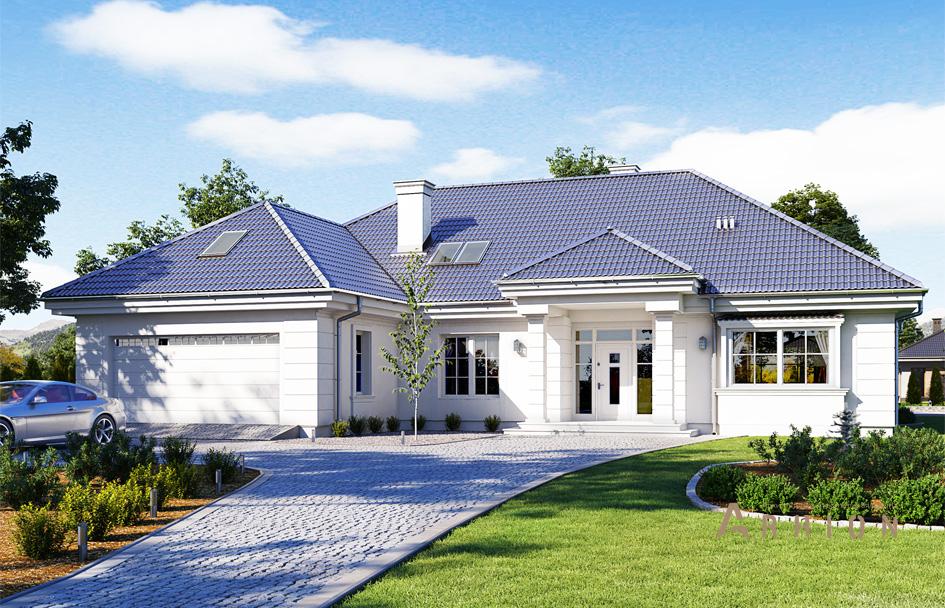 1. Проект одноэтажного дома в американском стиле с четырехскатной, mp-284, площадью - 349 кв c мансардой, терассой, гаражом