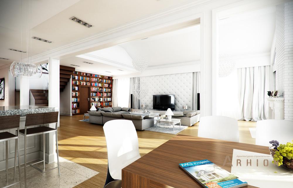 3. Проект одноэтажного дома в американском стиле с многоскатной кровлей, mp-286, площадью - 385 кв c мансардой, терассой, гаражом, эркером, вторым светом