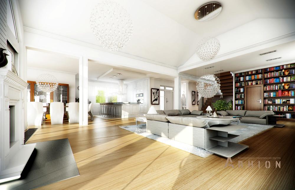 2. Проект одноэтажного дома в американском стиле с многоскатной кровлей, mp-286, площадью - 385 кв c мансардой, терассой, гаражом, эркером, вторым светом