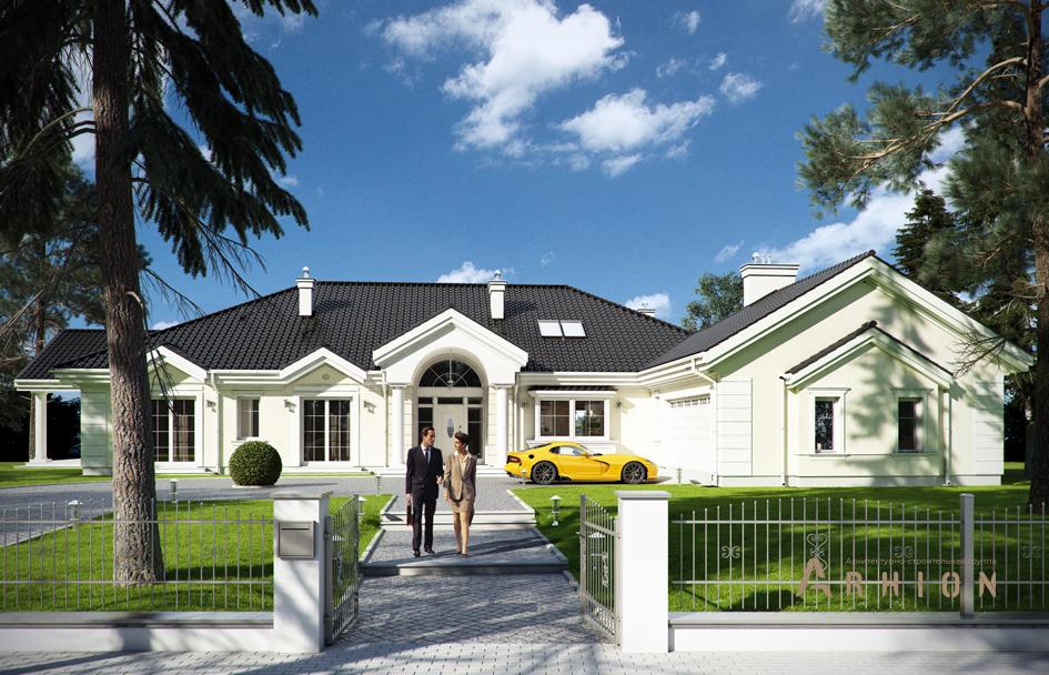 1. Проект одноэтажного дома в американском стиле с многоскатной кровлей, mp-286, площадью - 385 кв c мансардой, терассой, гаражом, эркером, вторым светом