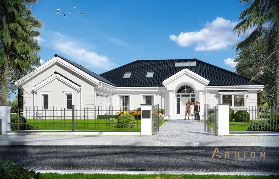 5. Проект одноэтажного дома в классическом стиле с многоскатной кровлей, mp-288, площадью - 472 кв c цокольным этажом, мансардой, гаражом, вторым светом